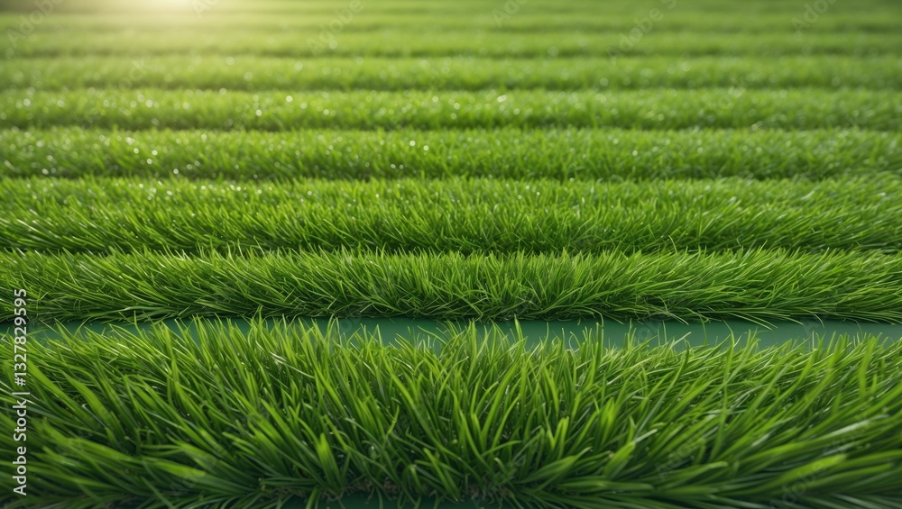 Artificial grass covering. Top view of an artificial green grass mat. Texture background. Surface composed of synthetic fibers. Flat green grass texture backdrop. Short grass.