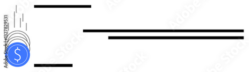 Blue coin with dollar sign in motion, speed lines indicating fall, paired with horizontal black bars. Ideal for financial loss, economy, savings, speed, decline investment urgency. Flat simple