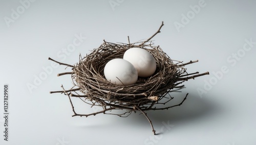 bird nest with two eggs on a white background, isolated