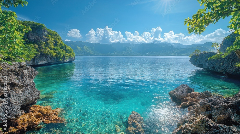Fototapeta premium Serene turquoise cove with rocky shores, lush greenery, and bright sunlight.