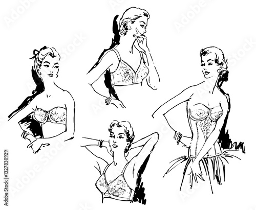 Beautiful Women Modeling Lingerie, Retro Vector Illustration Scalable to any Size
