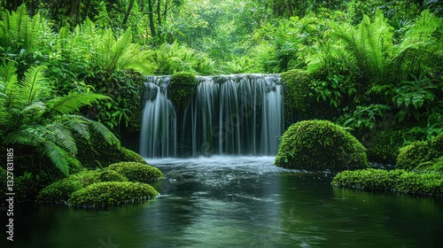 Lush green rainforest waterfall cascading into a serene pool.