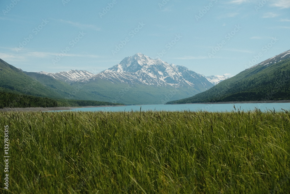 Fototapeta premium Eklutna Lake in Anchorage Alaska with luscious green grass