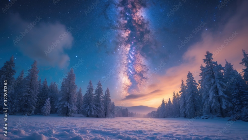 Fototapeta premium Fantastic winter landscape illuminated by starlight. Dramatic snowy scene featuring frosted trees and the Milky Way in the night sky.