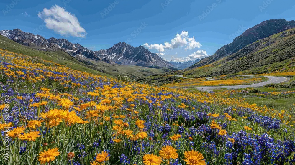 Fototapeta premium Vibrant wildflowers bloom in a mountain valley alongside a winding road under a bright blue sky.