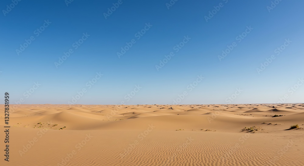 Undulating Sahara Desert Sands Bask in Golden Hour Light Warm tones paint the vast expanse of dunes under a clear blue sky creating a serene yet dramatic landscape perfect for travel or nature documen Undulating Sahara Desert Sands Bask in Golden Hour Light Warm tones paint the vast expanse of dunes under a clear blue sky creating a serene yet dramatic landscape perfect for travel or nature documen