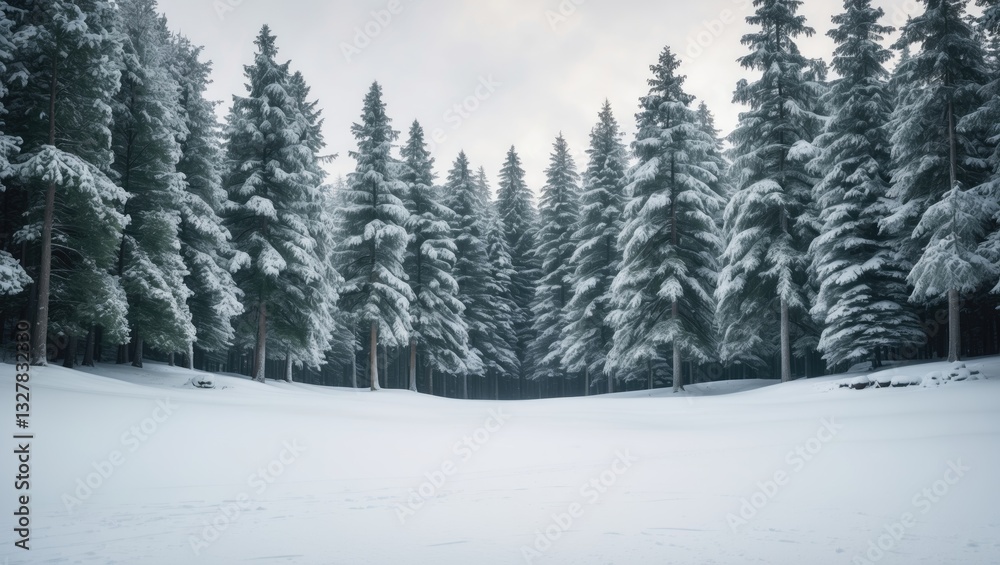Fototapeta premium Spruce tree forest blanketed by fresh snow. The winter landscape is nearly duotone due to the contrast between the frosty spruce trees, white snow foreground, and overcast sky.