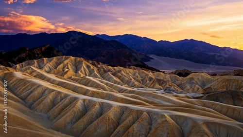 Dramatic sunset over the rugged terrain of Death Valley showcasing unique geological formations