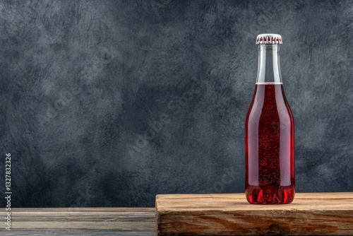 Glass Bottle of Red Beverage with Bubbles on Rustic Wooden Surface Against Dark Background