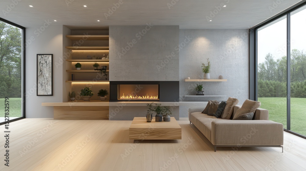 Fototapeta premium A contemporary living room with light birch wood flooring, pale gray concrete walls, and a modern fireplace with a sleek metal surround