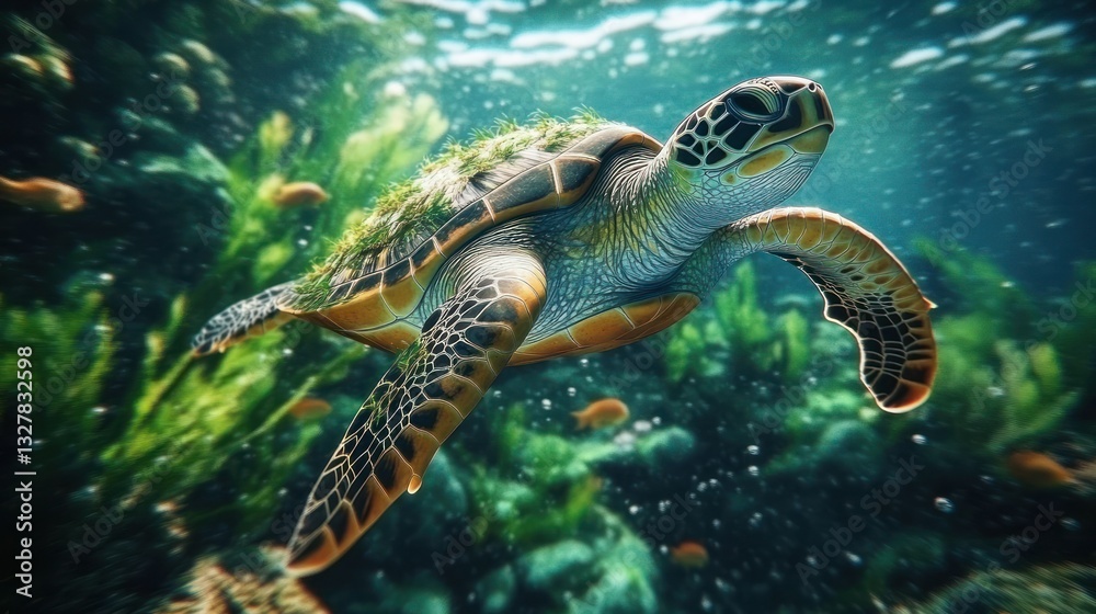 Obraz premium Sea turtle in underwater kelp forest