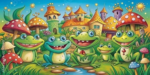 Wallpaper Mural Happy Cartoon Frogs Friendship Illustration - Smiling Amphibians Together Torontodigital.ca