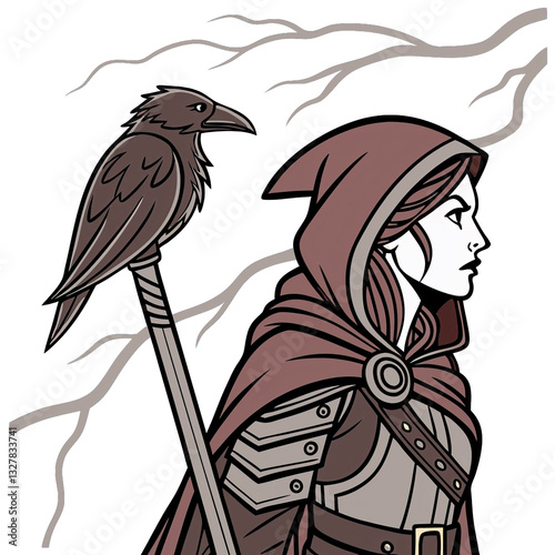 A fierce Varangian woman warrior stands confidently adorned with armor and a cloak accompanied by a raven embodying strength and mysticism photo