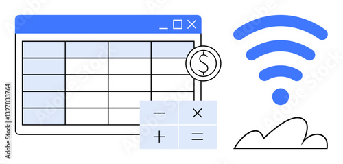 Spreadsheet window with dollar sign, calculation buttons, wireless signal, and cloud graphic. Ideal for finance, productivity, technology, cloud computing, remote work data analysis and online