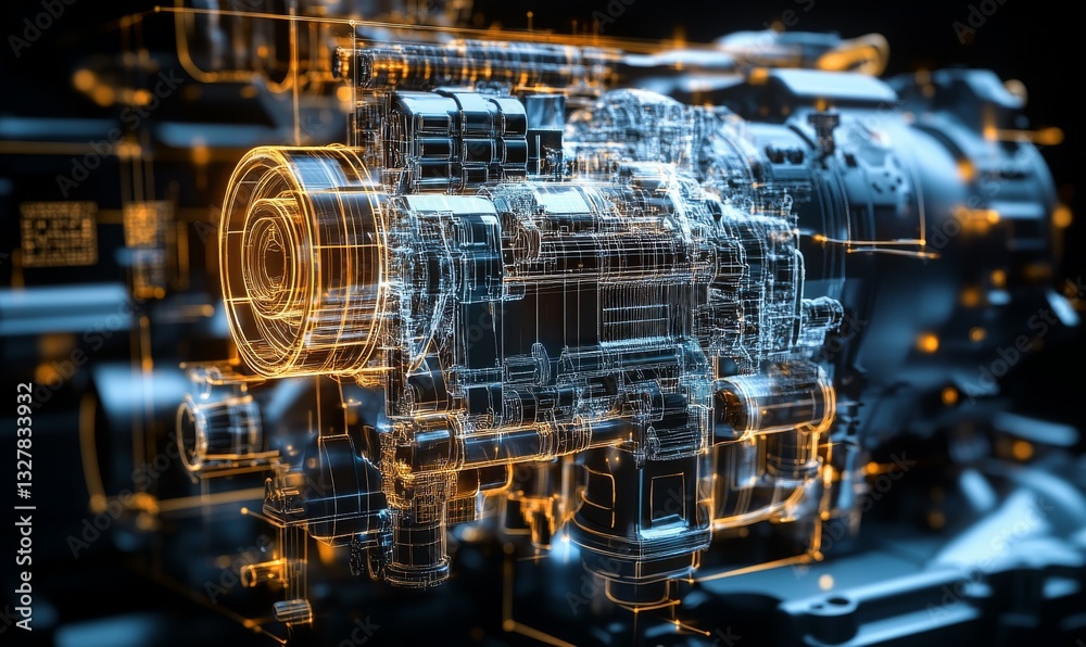 Futuristic engine design with glowing lines and mechanical complexity. Futuristic engine design with glowing lines and mechanical complexity.