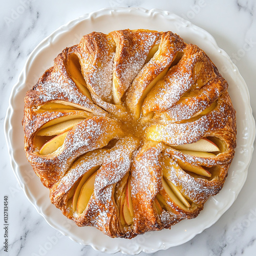 Croustade aux pommes pastry displayed elegantly on a white plate in a cozy kitchen setting, surrounded by warm, rustic décor photo