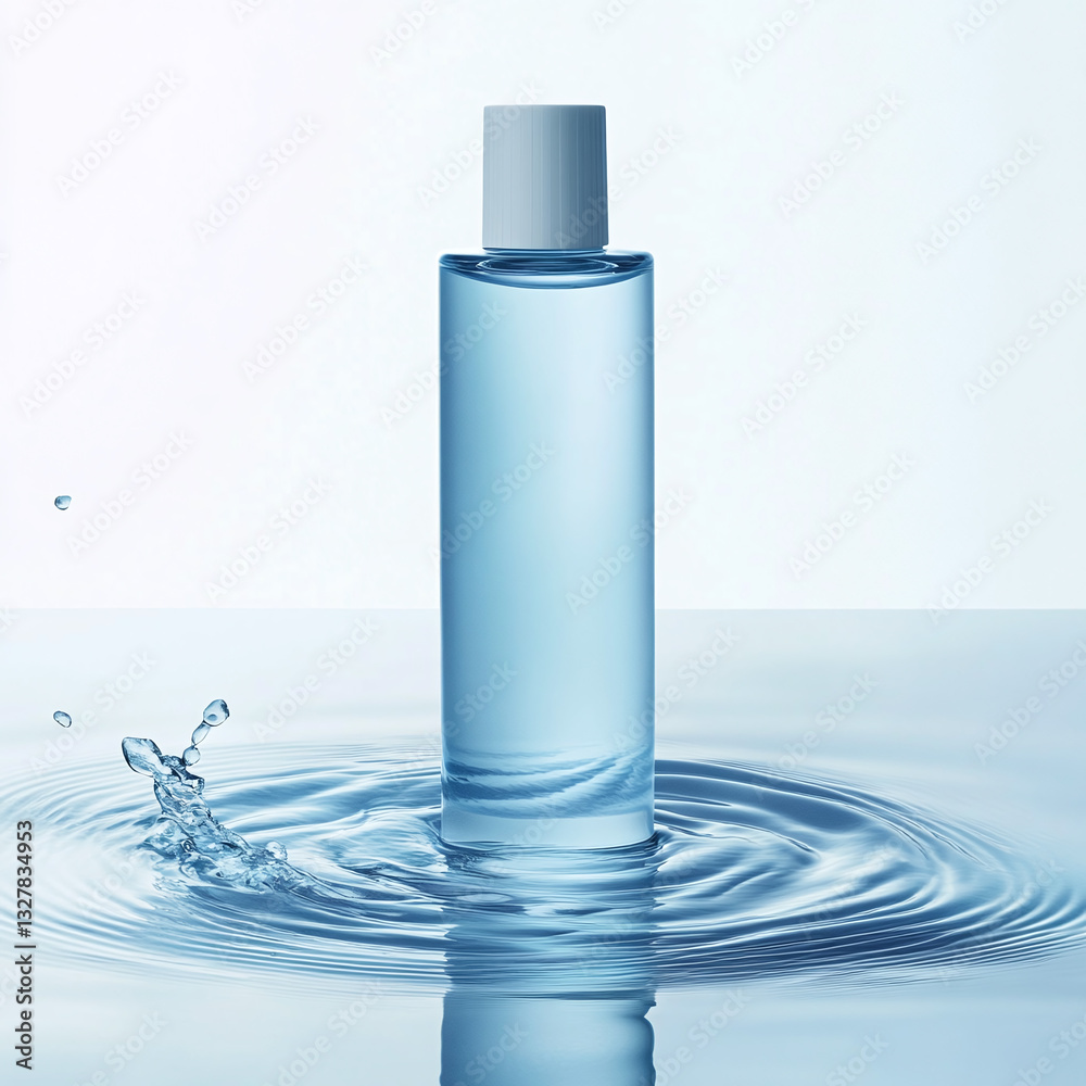 Light blue water bottle creates ripples on a calm surface against a soft backdrop Light blue water bottle creates ripples on a calm surface against a soft backdrop