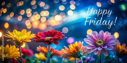 Happy Friday! Colorful Flowers Night Photography Stock Photo