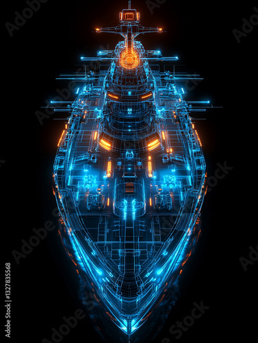 Futuristic battleship design in glowing blue and orange