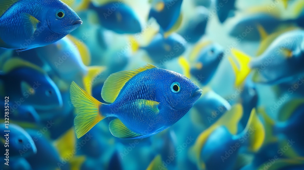 Vibrant shoal of blue and yellow fish, holographic fins shimmering, illuminated by AI-generated digital lighting, futuristic aquarium theme, ultra-detailed Vibrant shoal of blue and yellow fish, holographic fins shimmering, illuminated by AI-generated digital lighting, futuristic aquarium theme, ultra-detailed