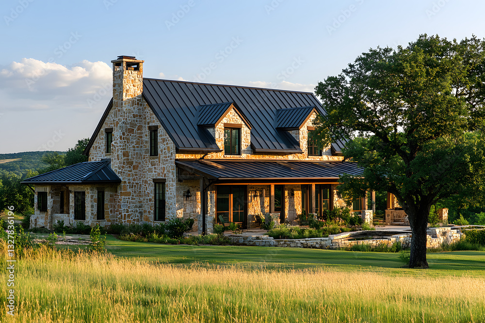 Stunning modern stone house with a metal roof surrounded by lush greenery and a serene landscape Stunning modern stone house with a metal roof surrounded by lush greenery and a serene landscape