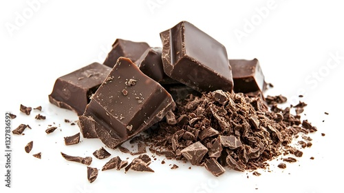 Dark Chocolate Pieces and Shavings Isolated on White Background