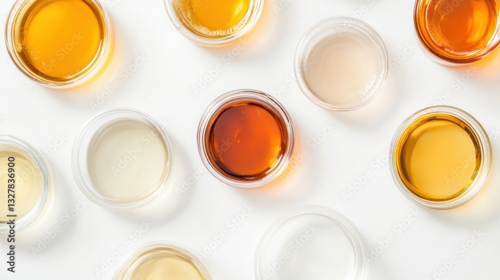 Various Shades of Honey in Glass Bowls on White Background Various Shades of Honey in Glass Bowls on White Background