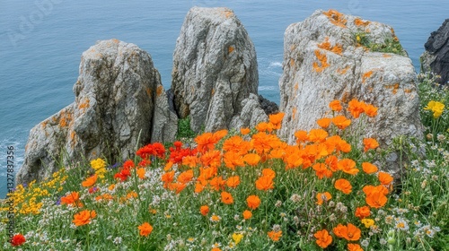 Obraz na płótnie Vibrant Wildflowers with Ocean Background w salonie