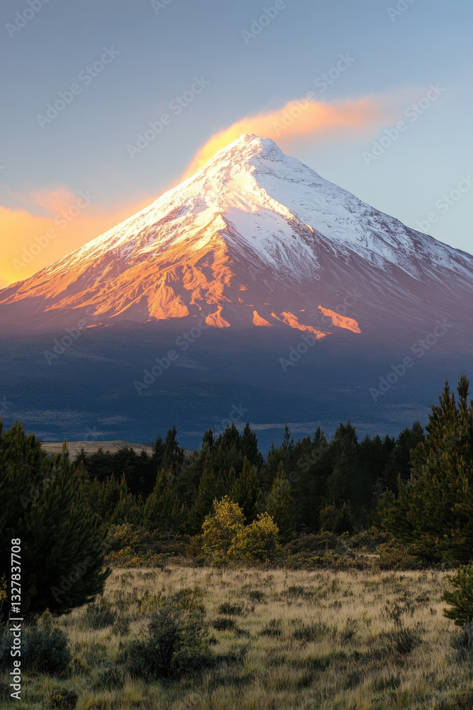Stunning view of a snow-capped mountain illuminated by the warm glow of a sunset, with a lush forest in the foreground, creating a serene and majestic landscape. Stunning view of a snow-capped mountain illuminated by the warm glow of a sunset, with a lush forest in the foreground, creating a serene and majestic landscape.