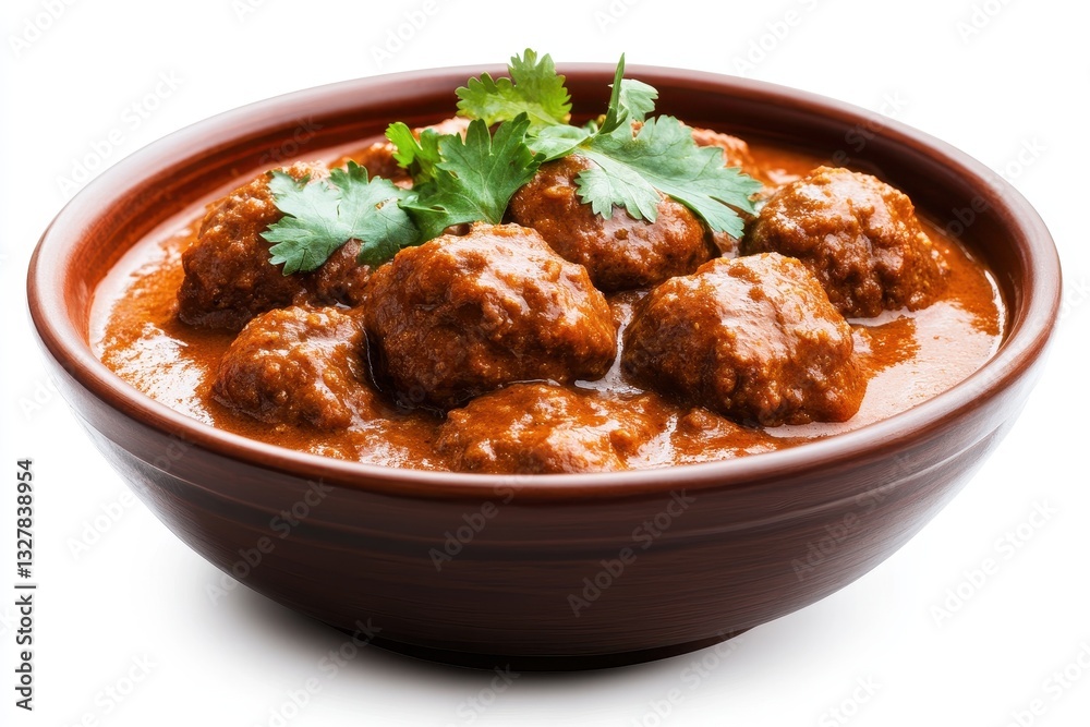 Spicy Traditional Meatballs in Rich Sauce Surrounded by Fresh Green Herbs and Spices Spicy Traditional Meatballs in Rich Sauce Surrounded by Fresh Green Herbs and Spices