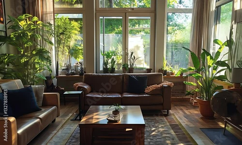 Sunlit living room with leather sofas, plants, and large windows overlooking a garden; ideal for home decor, interior design websites