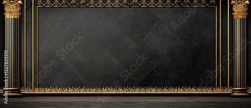 Elegant Black and Gold Interior Design: A Luxurious Wall with Ornate Pillars and Intricate Details
