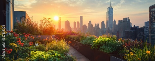 Urban rooftop garden at sunrise with cityscape background.