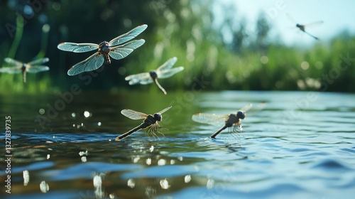Obraz na płótnie Dragonflies Flitting Above the Water Surface w salonie