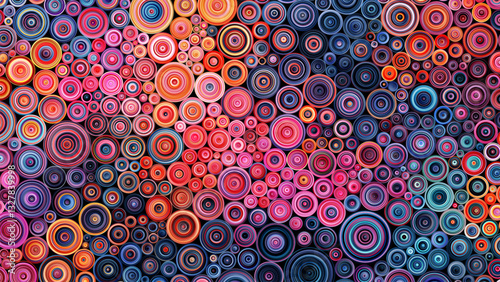 Colorful paper quilling art. Lively background with rolled paper made from twisted strips. Vibrant circles created using the quilling technique. Paper filigree hobby concept. Vector illustration