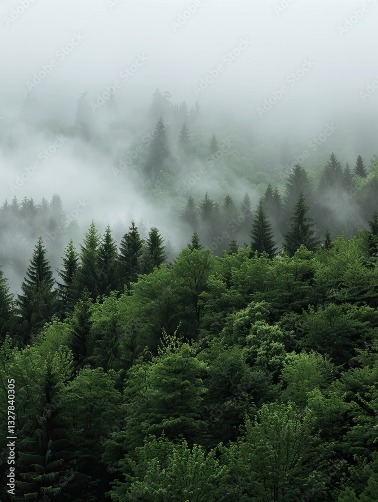 Obraz premium Ethereal forest landscape shrouded in morning mist and mysterious atmosphere