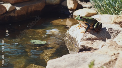 Obraz na płótnie Frog Observing Reflections by the Riverbank Stones w salonie