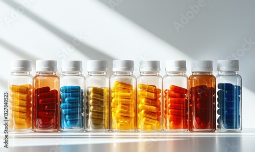 Colorful capsules in clear bottles arranged on a light surface for health supplement display