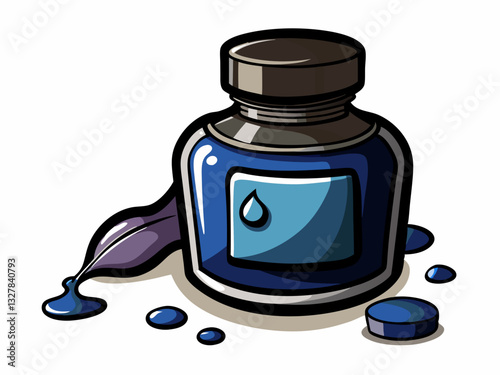 bottle of ink with an open cap and a small ink drop spilling out, on a pure white background.