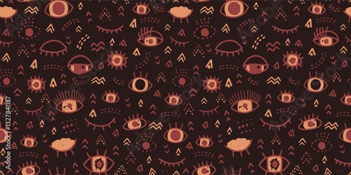 Cute hand drawn seamless evil eye vector pattern dark brown and beige doodle geometric shapes, abstract mystic background