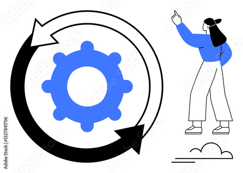 Gear encircled by arrows and a confident woman pointing upward, representing progress, productivity, and innovation. Ideal for teamwork, leadership, success, process management, strategy growth