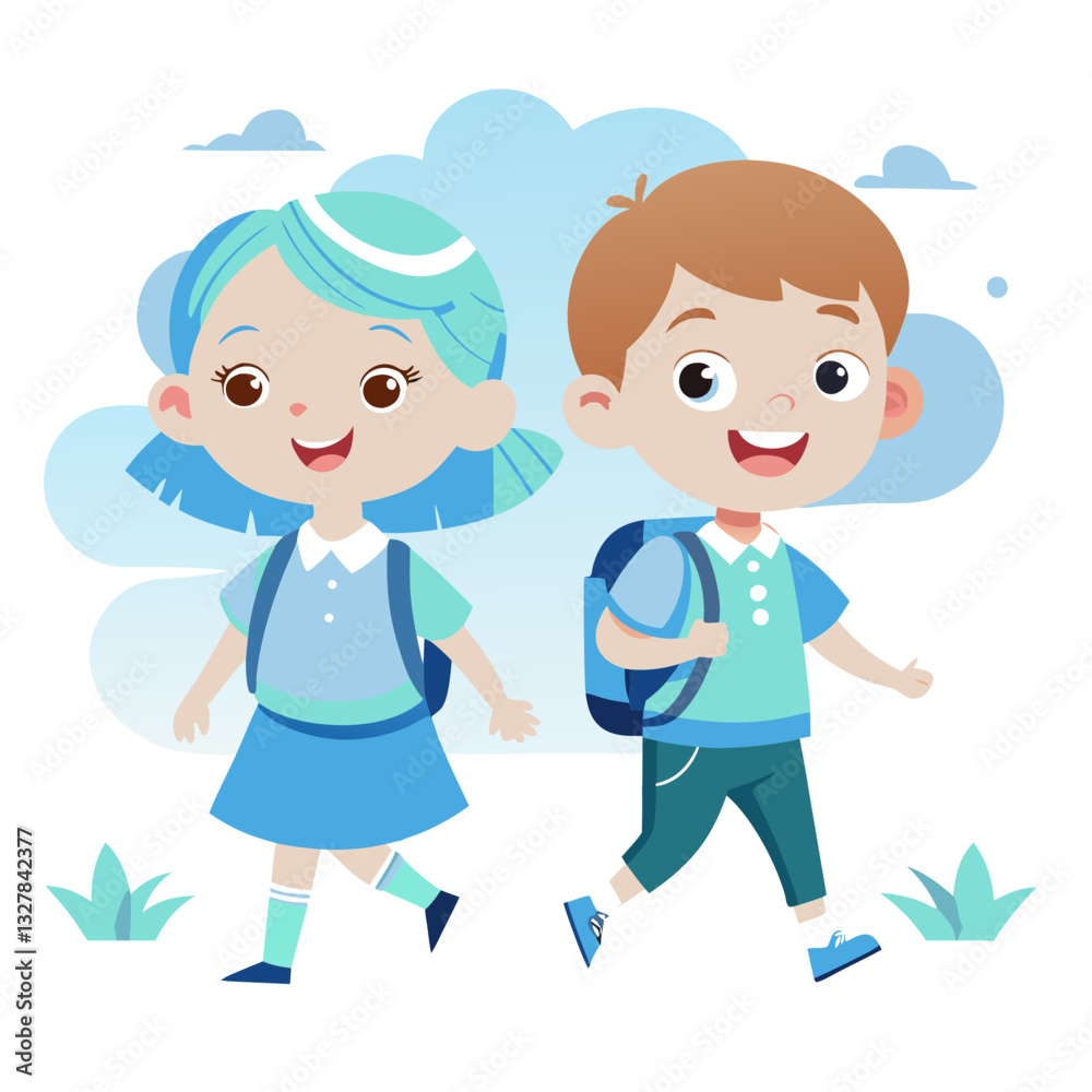 Two children walking together joyfully in a winter park filled with snow and trees. Two children walking together joyfully in a winter park filled with snow and trees.