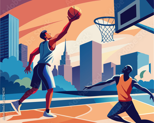 A basketball player shooting a basket in an urban setting; capturing the energy and passion of street basketball culture.