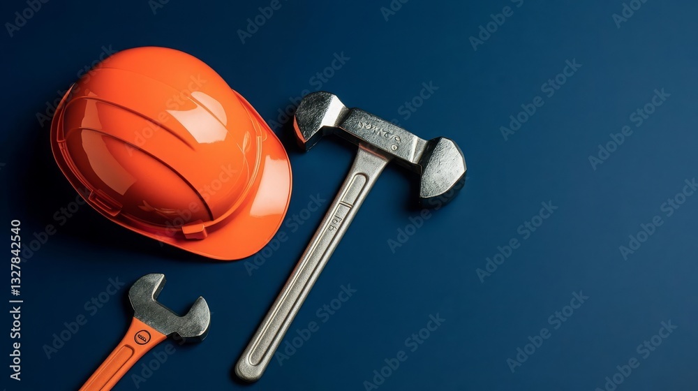 Fototapeta premium Happy Labor Day Safety gear and tools on a blue background.