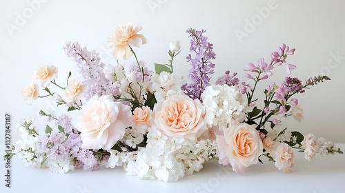 Beautiful floral arrangement displayed on a white reflective surface background