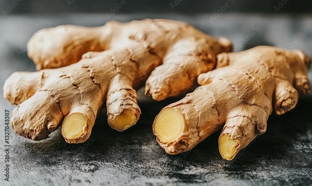 Fototapeta premium Raw Ginger roots close up background /