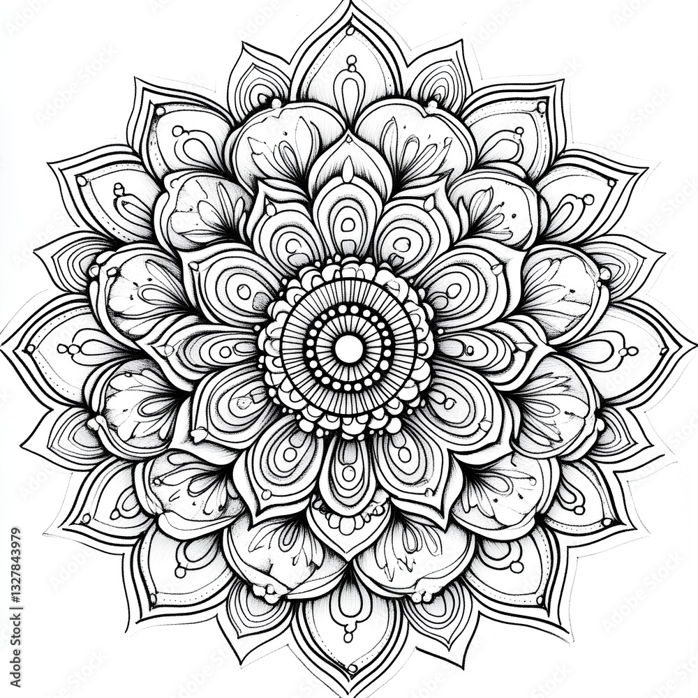 Intricate black and white mandala design with detailed floral patterns, symbolizing balance, harmony, and meditation Intricate black and white mandala design with detailed floral patterns, symbolizing balance, harmony, and meditation
