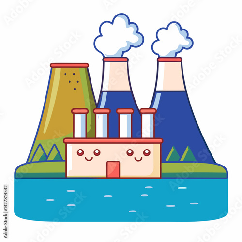 Industrial power generation factory landscape digital illustration outdoor setting colorful viewpoint energy concept
