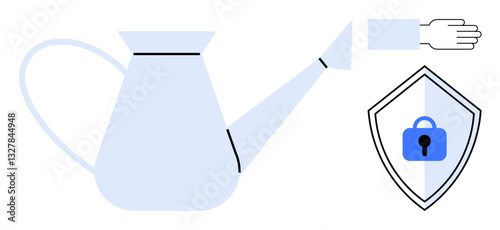 Watering can pouring into shield with padlock represents nurturing cybersecurity. Ideal for cyber protection, IT security, data privacy, safe browsing, secure networks, online safety, internet