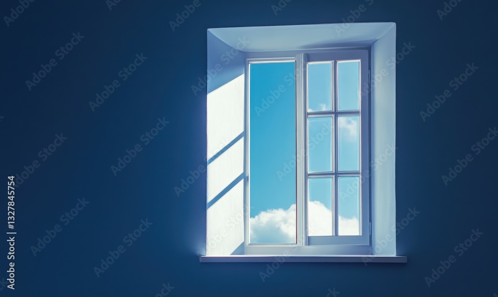 Window with a blue sky outside. The window is open and the light is coming in. The room is dark and the window is the only source of light Window with a blue sky outside. The window is open and the light is coming in. The room is dark and the window is the only source of light